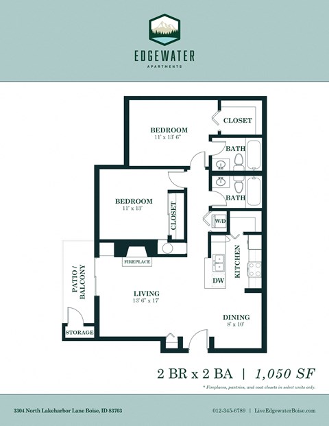 Floor plan for 2 beds, 2 baths, 1050 sqft